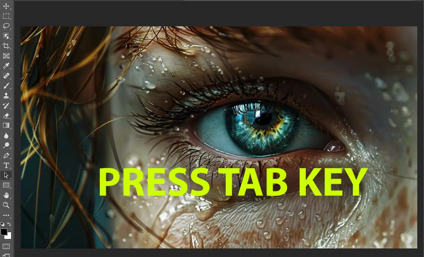 Screenshot of a close-up eye in Photoshop with the text 'Press Tab Key' overlaid.