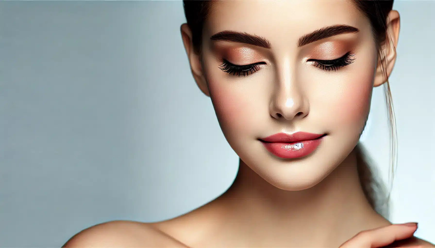 Close-up portrait of a young woman with flawless, smooth skin and subtle makeup, highlighting her well-groomed eyebrows and serene expression.