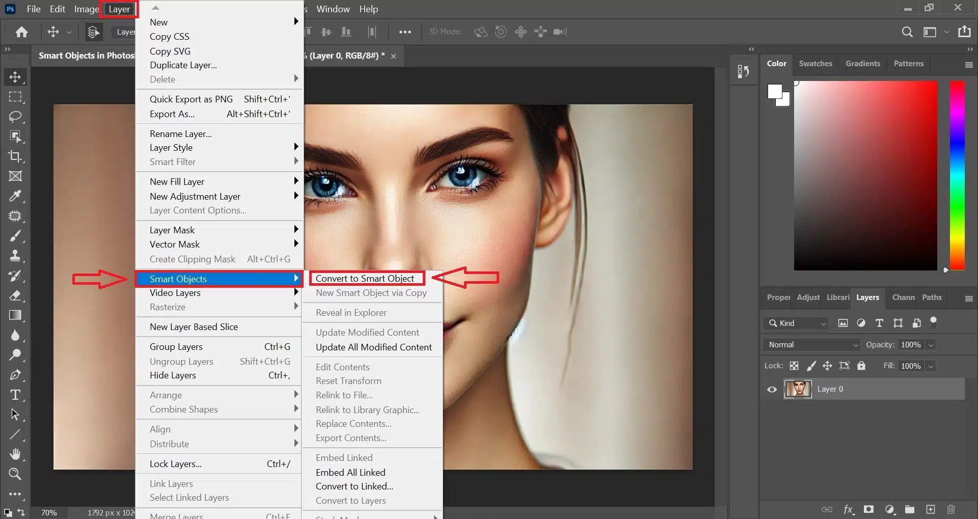 Photoshop interface showing how to convert a layer to a smart object, with a close-up of a woman's face in the background.
