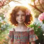 Young girl with curly hair and a flower in her hair, smiling amidst blooming flowers in a garden during sunset.