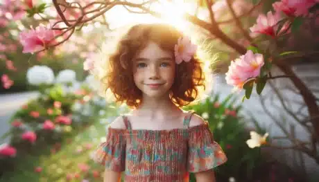 Young girl with curly hair and a flower in her hair, smiling amidst blooming flowers in a garden during sunset.