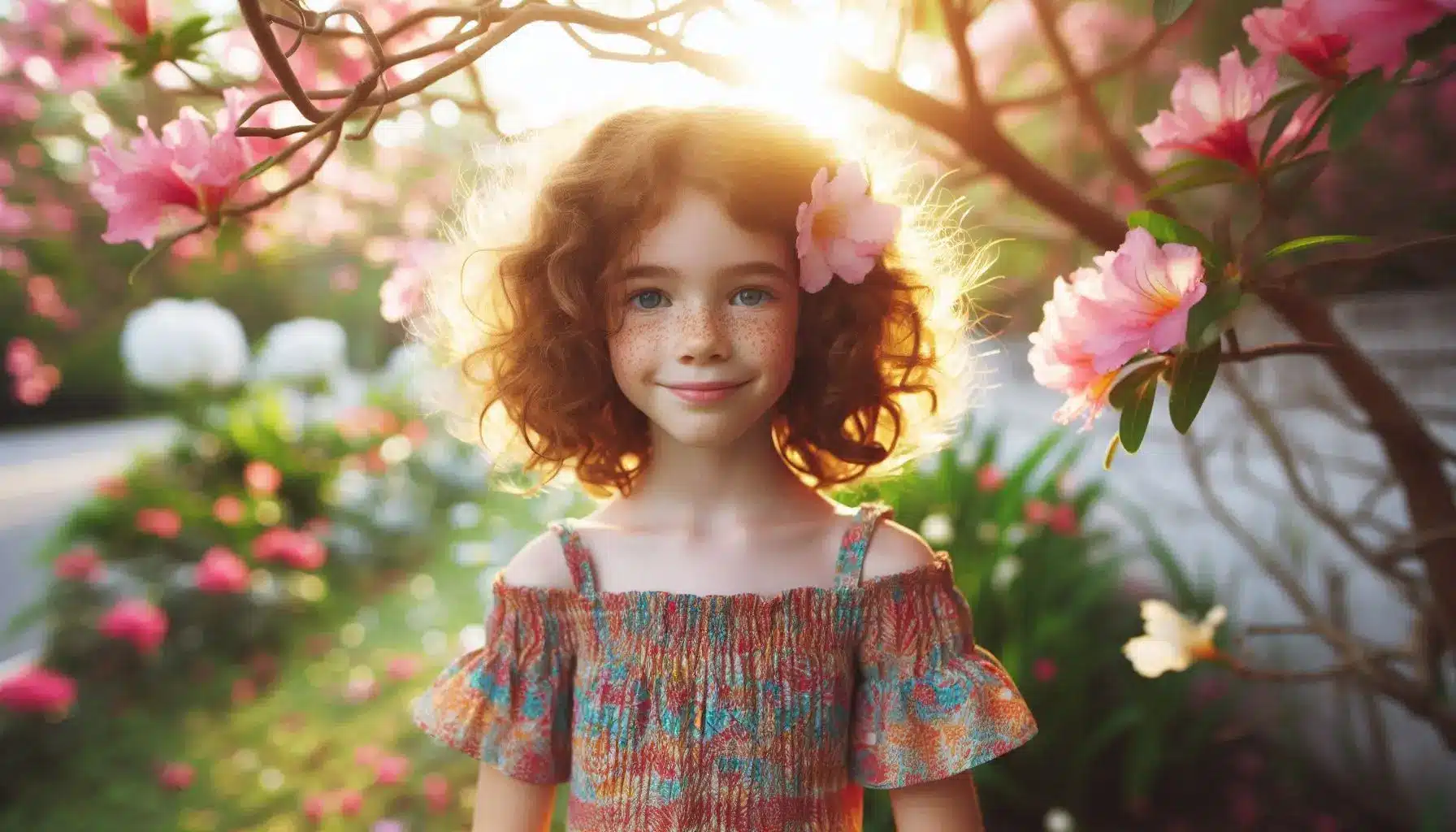 Young girl with curly hair and a flower in her hair, smiling amidst blooming flowers in a garden during sunset.