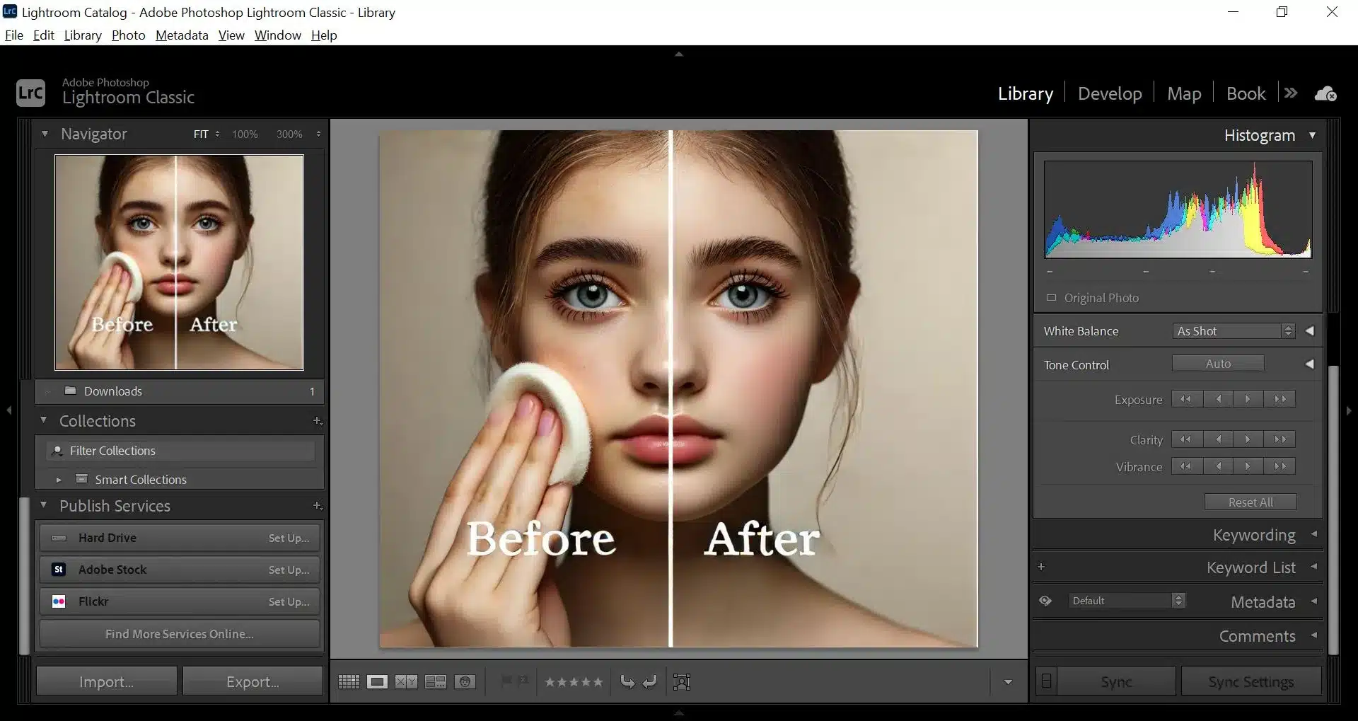 Adobe Lr interface displaying a before and after comparison of a girl's portrait with skin softening edits. The editing tools and panels, including the histogram and tone control, are visible.