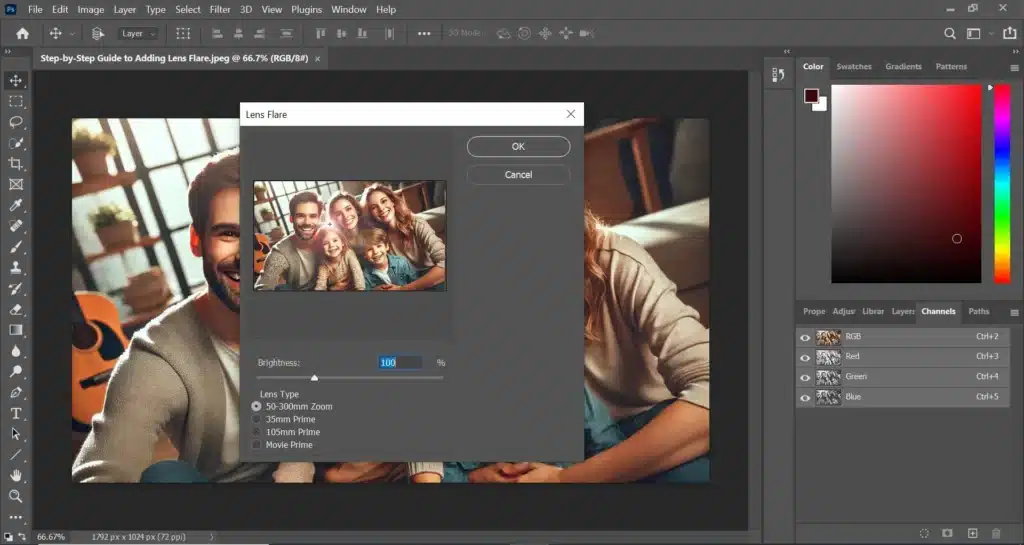 A screenshot of the Photoshop interface showing the process of adding lens flare to an image of a happy family, with the Lens Flare dialog box open.