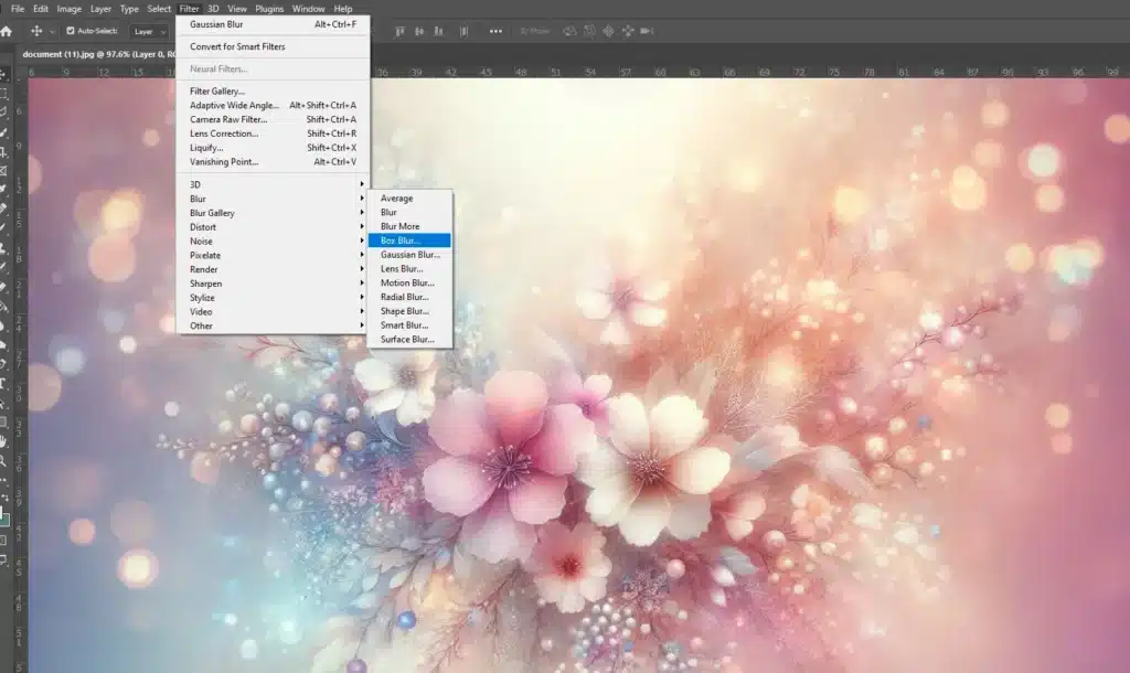 Applying Gaussian Blur in Photoshop to create a soft glow effect on a floral digital artwork.