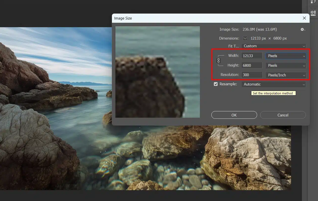 Screenshot of the 'Image Size' dialog box in Photoshop showing dimensions and resolution settings for an image