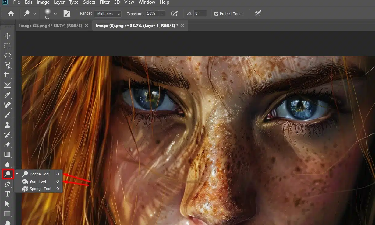 Photoshop interface with the Dodge and Burn tools highlighted, focusing on a detailed digital portrait of a person's face