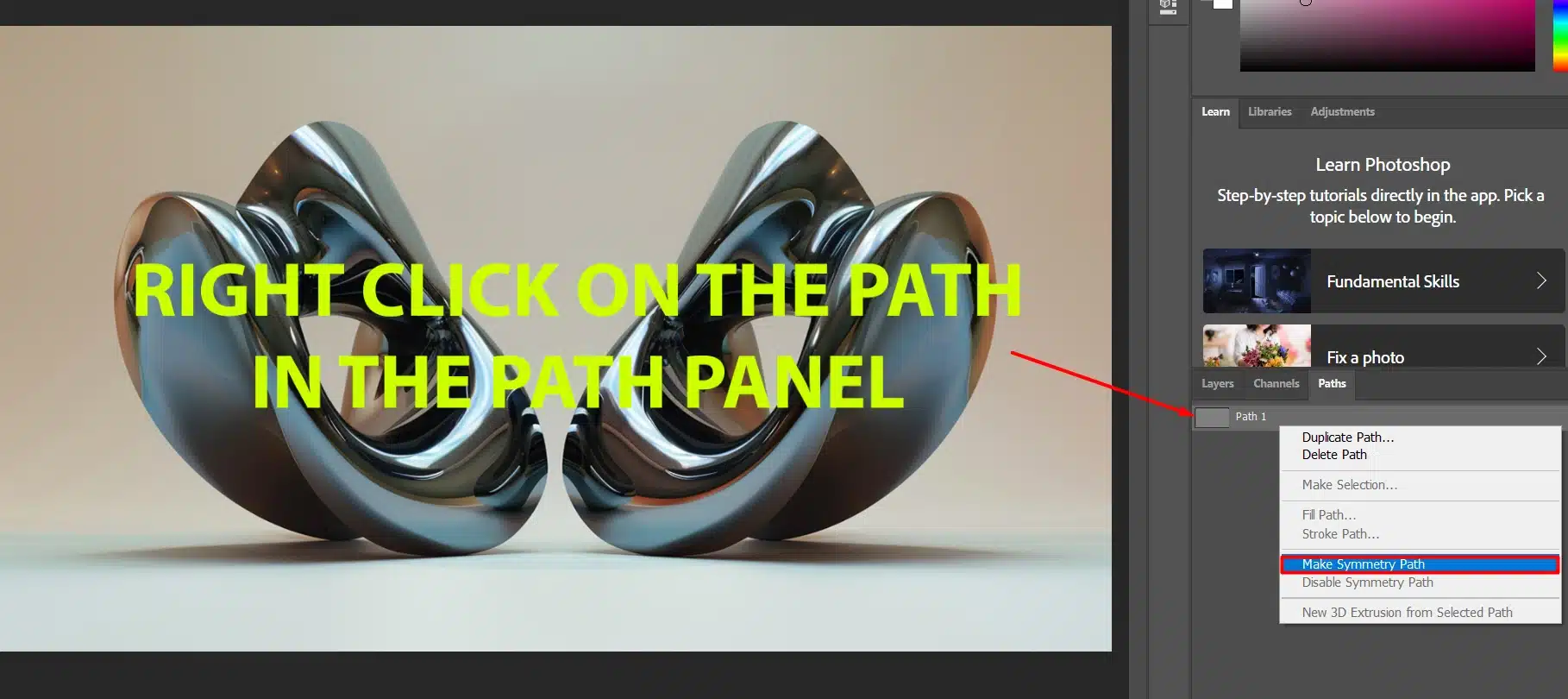 Adobe Ps balance tool interface with the Path panel open, highlighting the option to make a balanced path, with a proportional 3D design on the canvas.