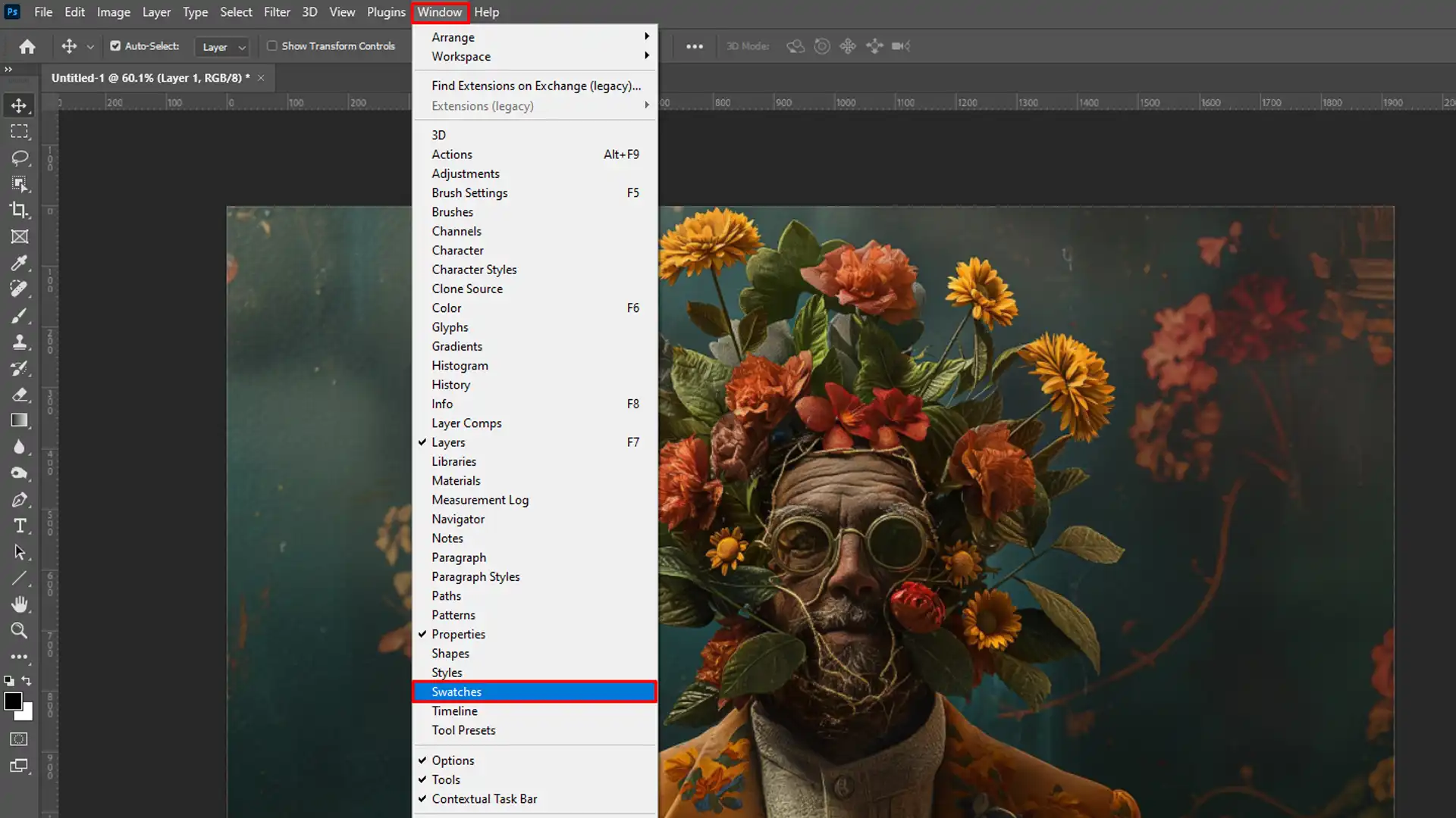 Adobe interface with the Window menu open, highlighting the Styles option, and a vibrant floral image.