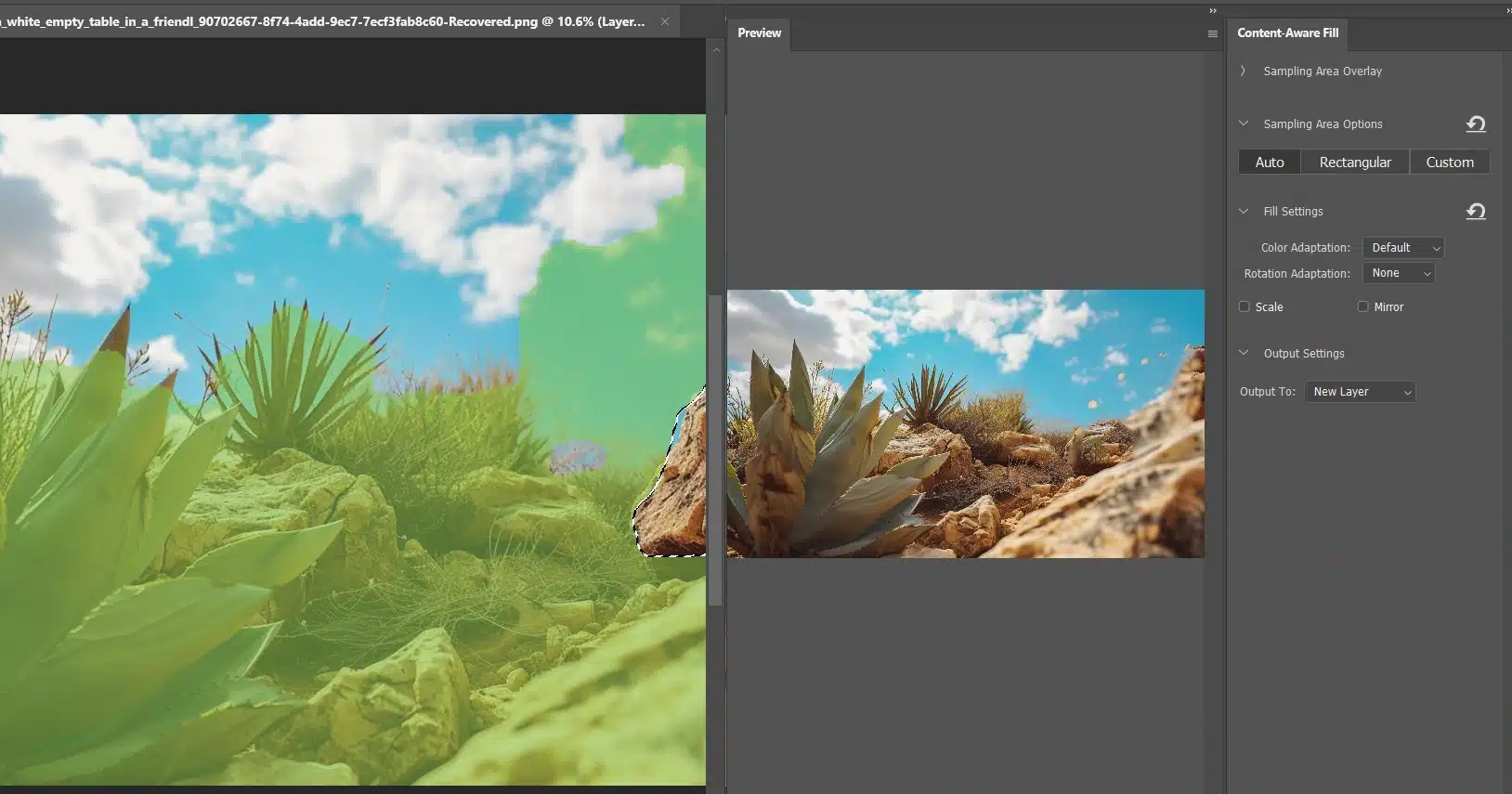 Screenshot of Photoshop's Content-Aware Fill workspace with a desert plant landscape being edited