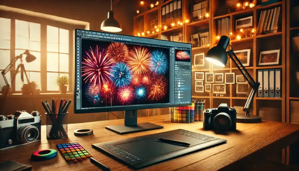 Professional photo editing workspace with a completed project displayed on the main monitor, graphics tablet, stylus, and handwritten notes on the desk, with photography books and a camera in the background.