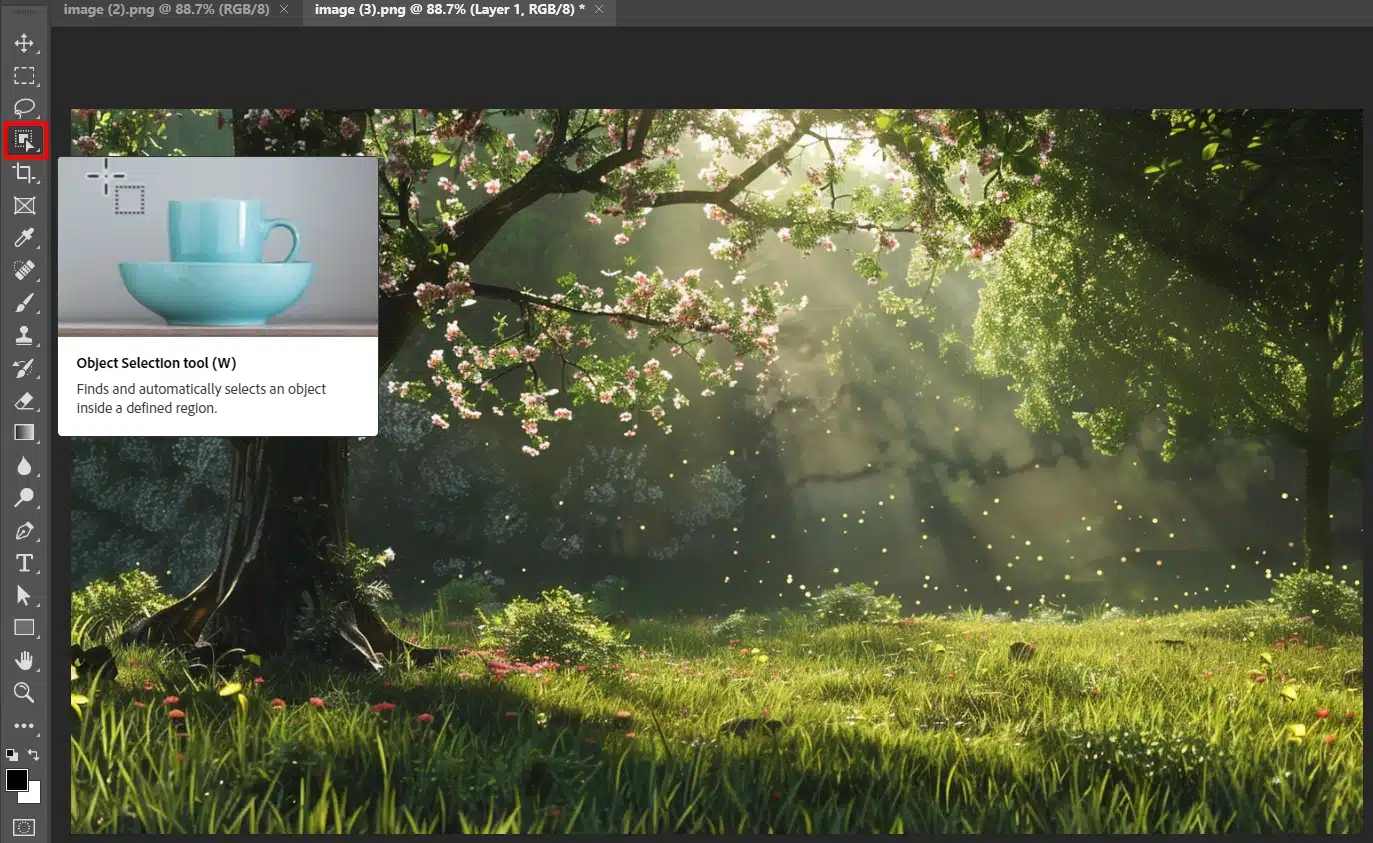 Photoshop interface showing the Object Selection Tool highlighted in the toolbar with a background image of a sunlit forest. The tool's information box describes its function.