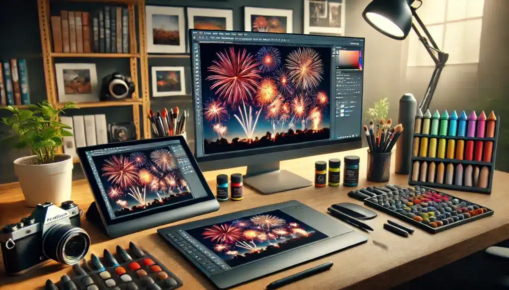 Desk setup with Adobe Photoshop open on a computer, high-resolution fireworks photos on a tablet, Photoshop brush sets on a second monitor, and various tools including a graphics tablet and stylus.