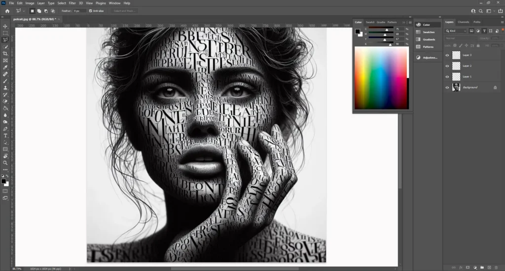 The screen showing a black and white text portrait of a woman, with text integrated into the contours of her face and hand, demonstrating tools and techniques for creating text portraits.