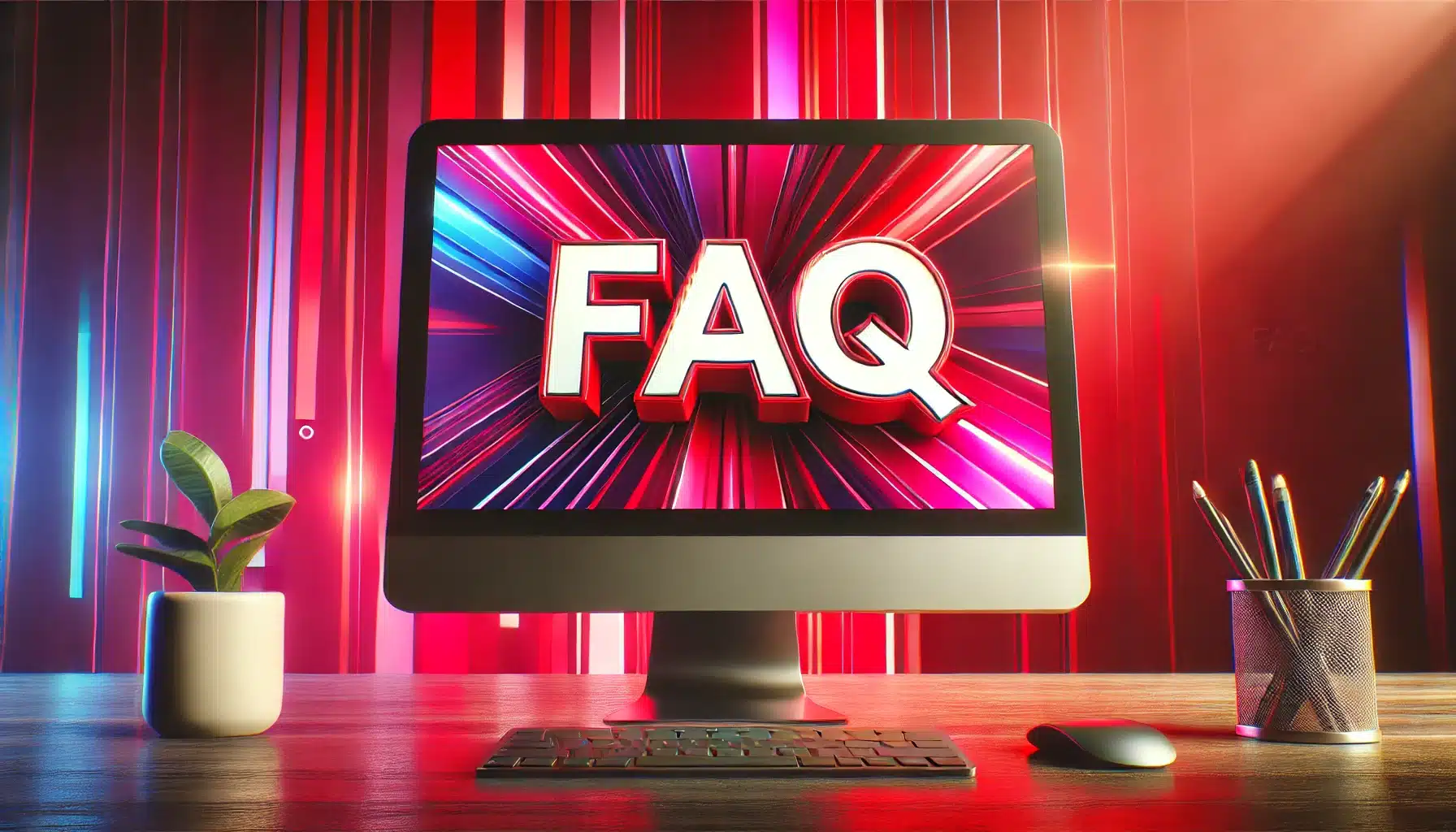 Modern PC with the word 'FAQ' displayed in big letters on the screen, set against a vibrant red and pink background.