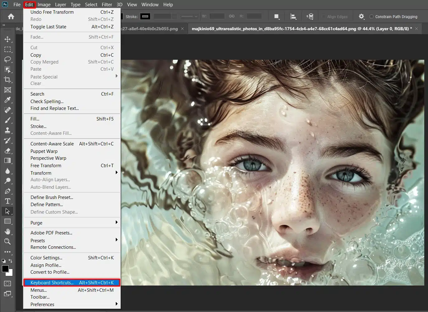 Screenshot of Photoshop showing the Edit menu with the Keyboard Shortcuts option highlighted.
