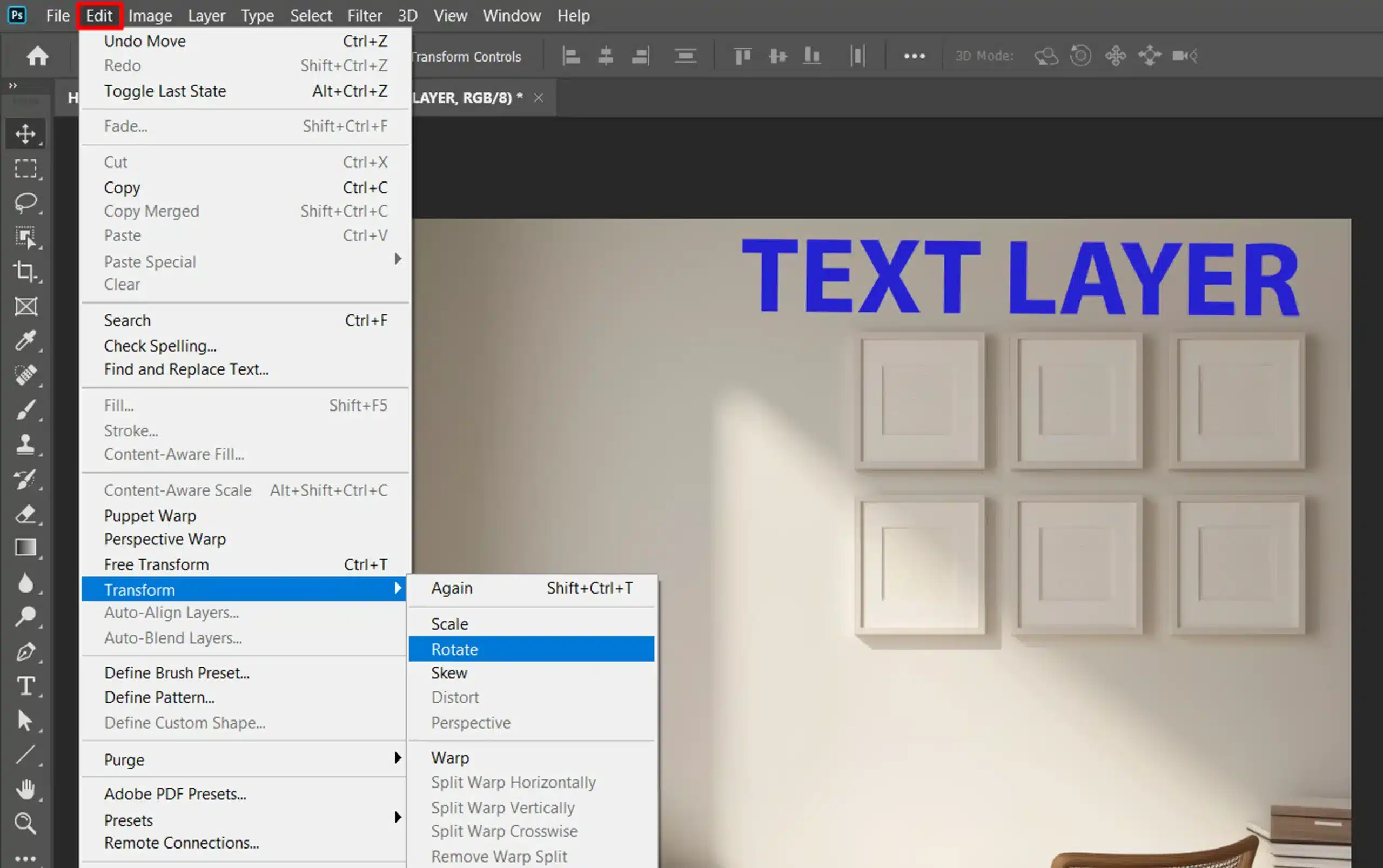 Photoshop interface showing the process of rotating a text layer using the Transform option