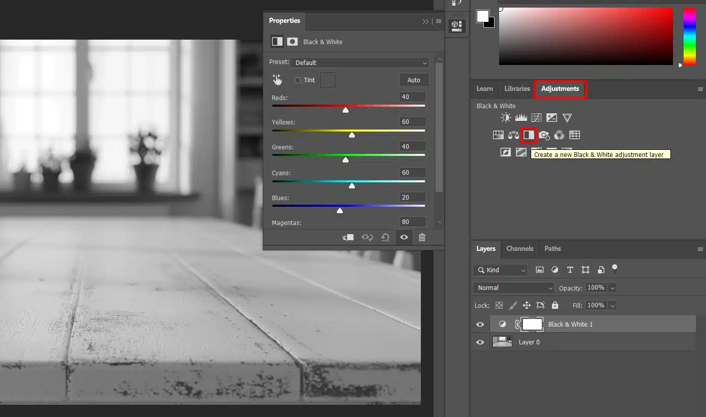 A screenshot of Adobe Photoshop showing the Properties panel for a Black & White adjustment layer with various color sliders