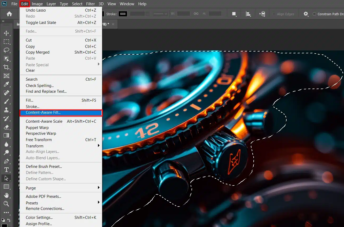 Photoshop's Content-Aware Fill option highlighted in the Edit menu