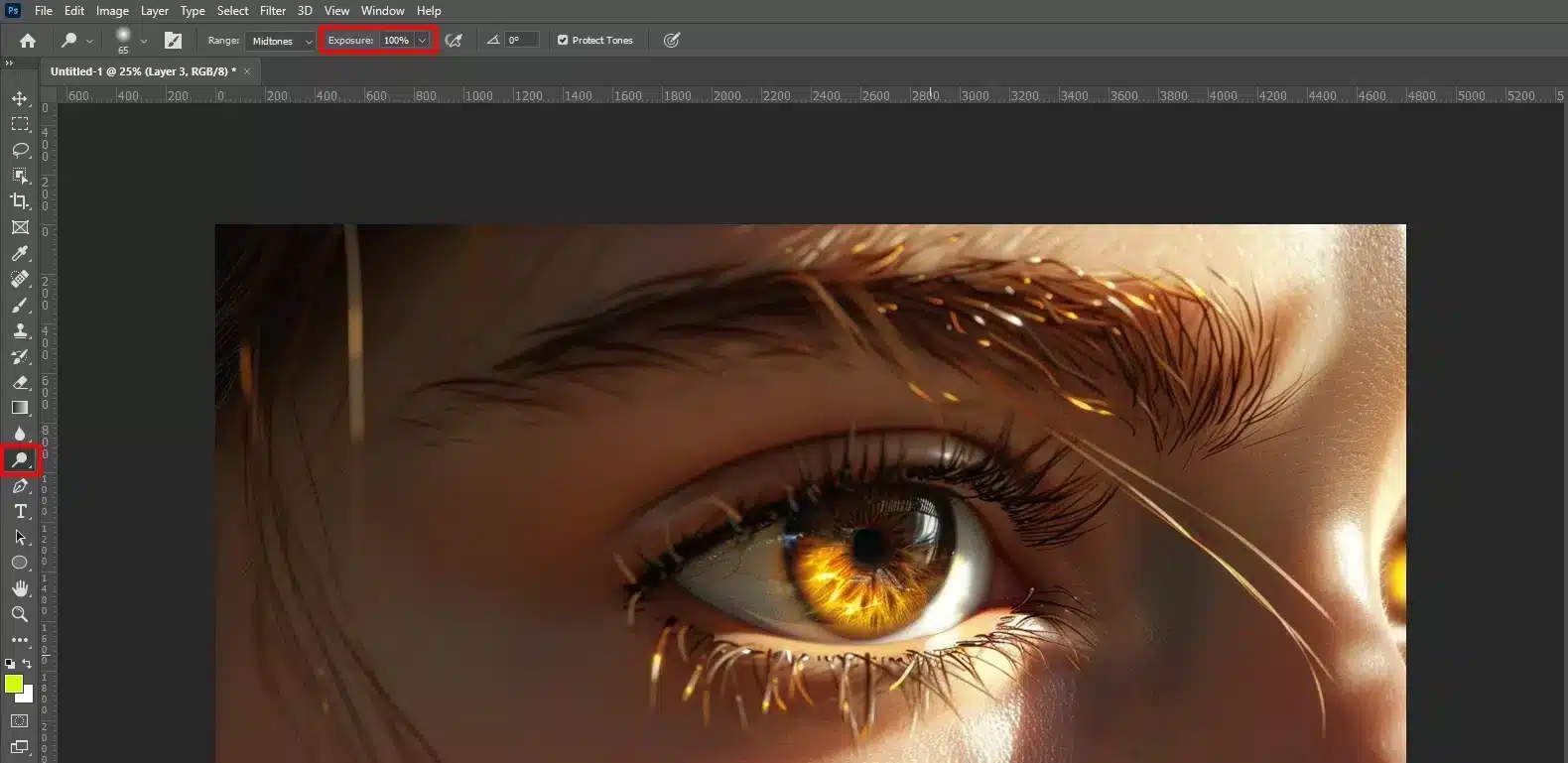 Screenshot showing the Dodge Tool in Photoshop applied to brighten the irises of an eye.