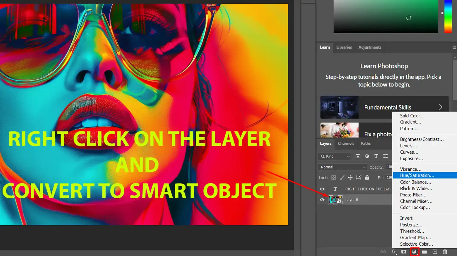 Photoshop interface showing a colorful image with a layer being converted to a smart object, and changing the Hue/Saturation when creating pop art.