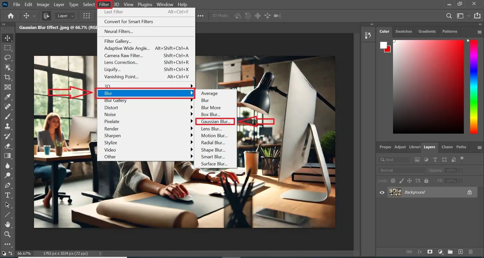 Adobe Photoshop interface showing the process of applying a Gaussian Blur. The Filter menu is open with the Blur and Gaussian Blur options highlighted. A woman is working at a desk in the background.