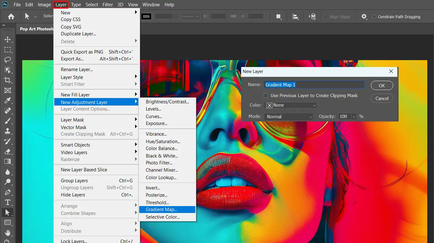 Photoshop interface showing the process of creating a new gradient map adjustment layer