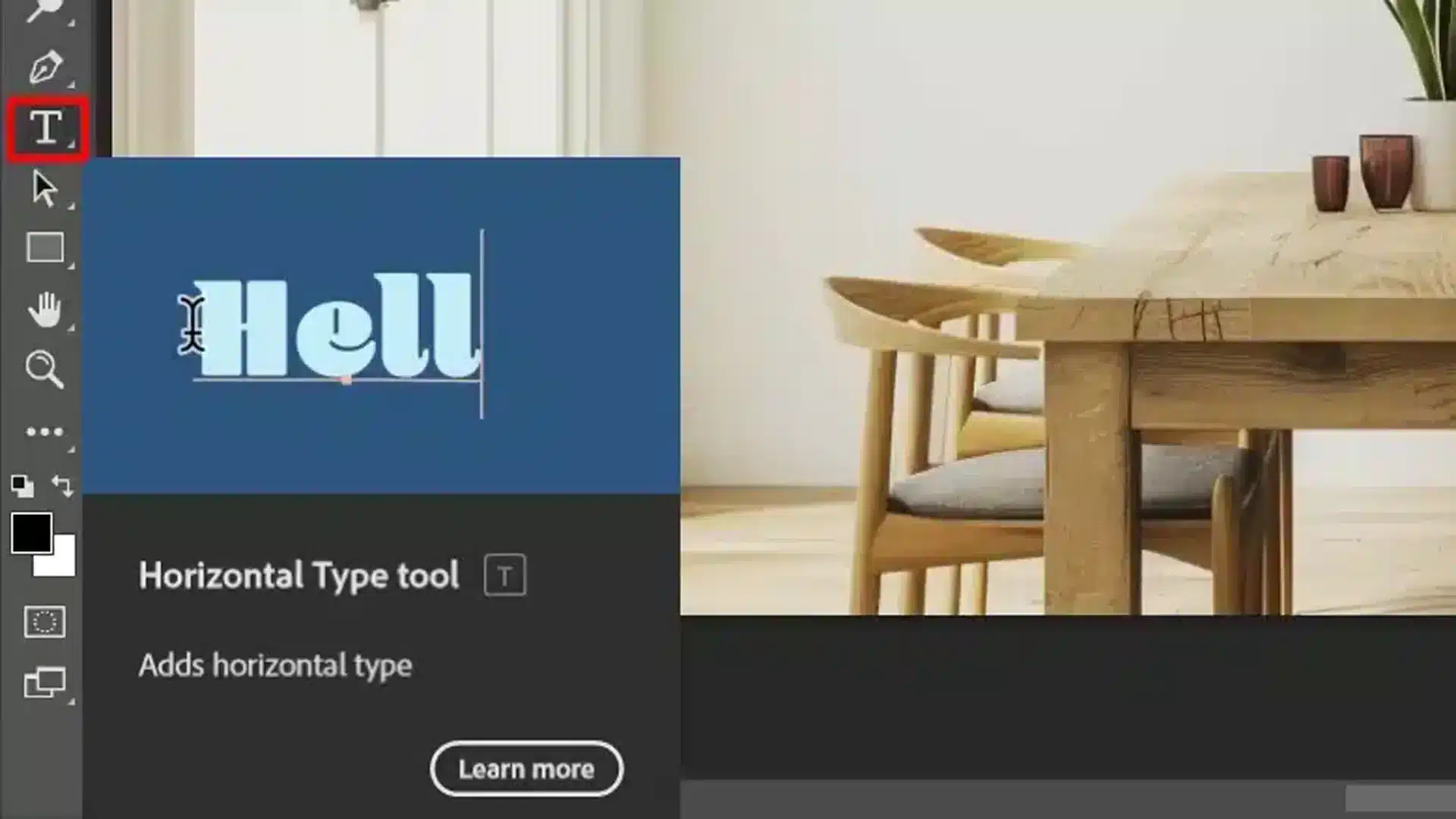 Screenshot of Adobe Photoshop interface with the ‘Horizontal Type Tool’ highlighted. The background shows a blurred image of a room with a wooden table, chairs, and two glasses on the table.