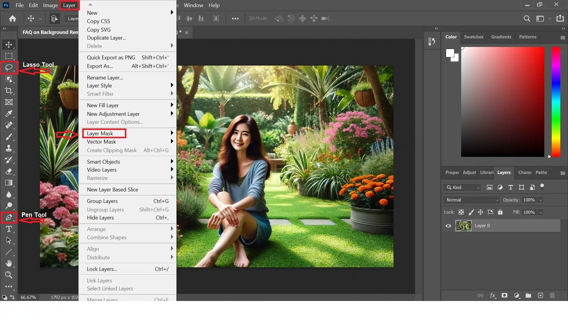 Adobe Photoshop interface showing the process of using a layer mask. The menu is open with the 'Layer Mask' option highlighted, and a woman sitting in a garden is visible in the workspace also pen and lasso tool for background removal. This image depicts How to Remove Background in Photoshop.