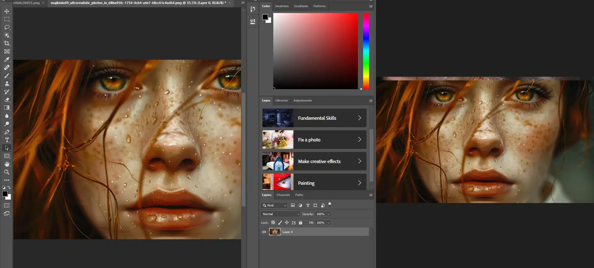 Screenshot of Photoshop workspace showing a detailed image of a face with various panels and tools visible.