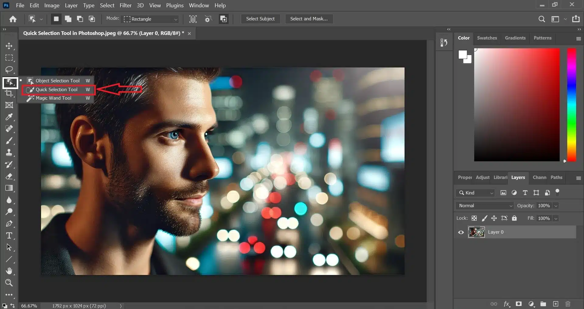 A screenshot of the Photoshop interface showing the Quick Selection Tool highlighted and a close-up image of a man's face with a city night background.
