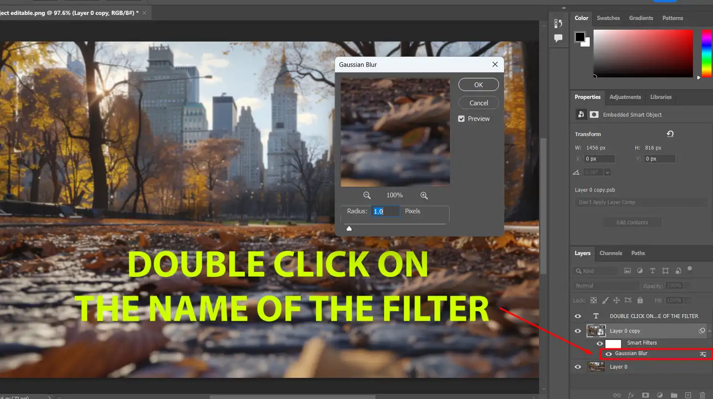 Screenshot showing the process of adjusting Gaussian Blur filter settings on a smart object in Photoshop