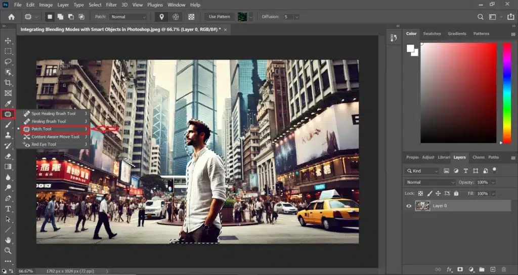 Photoshop interface showing a man standing in a bustling city street with the patch tool selected for advanced editing using Smart Objects.