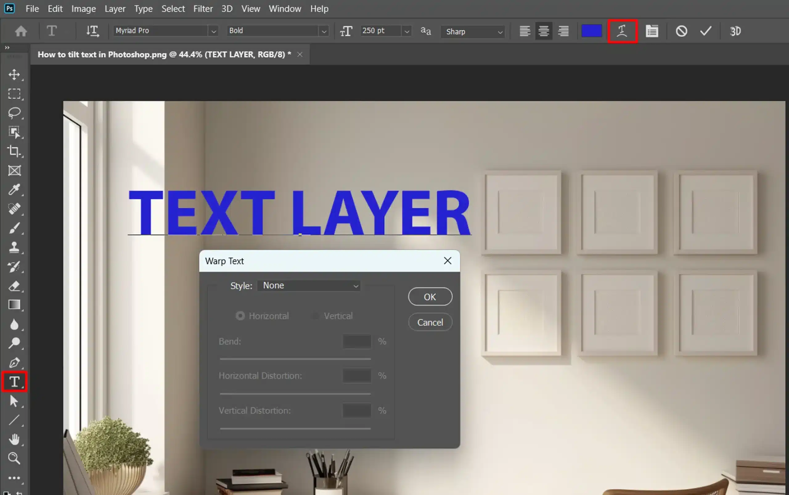 Photoshop interface with the Warp Text option selected for a text layer