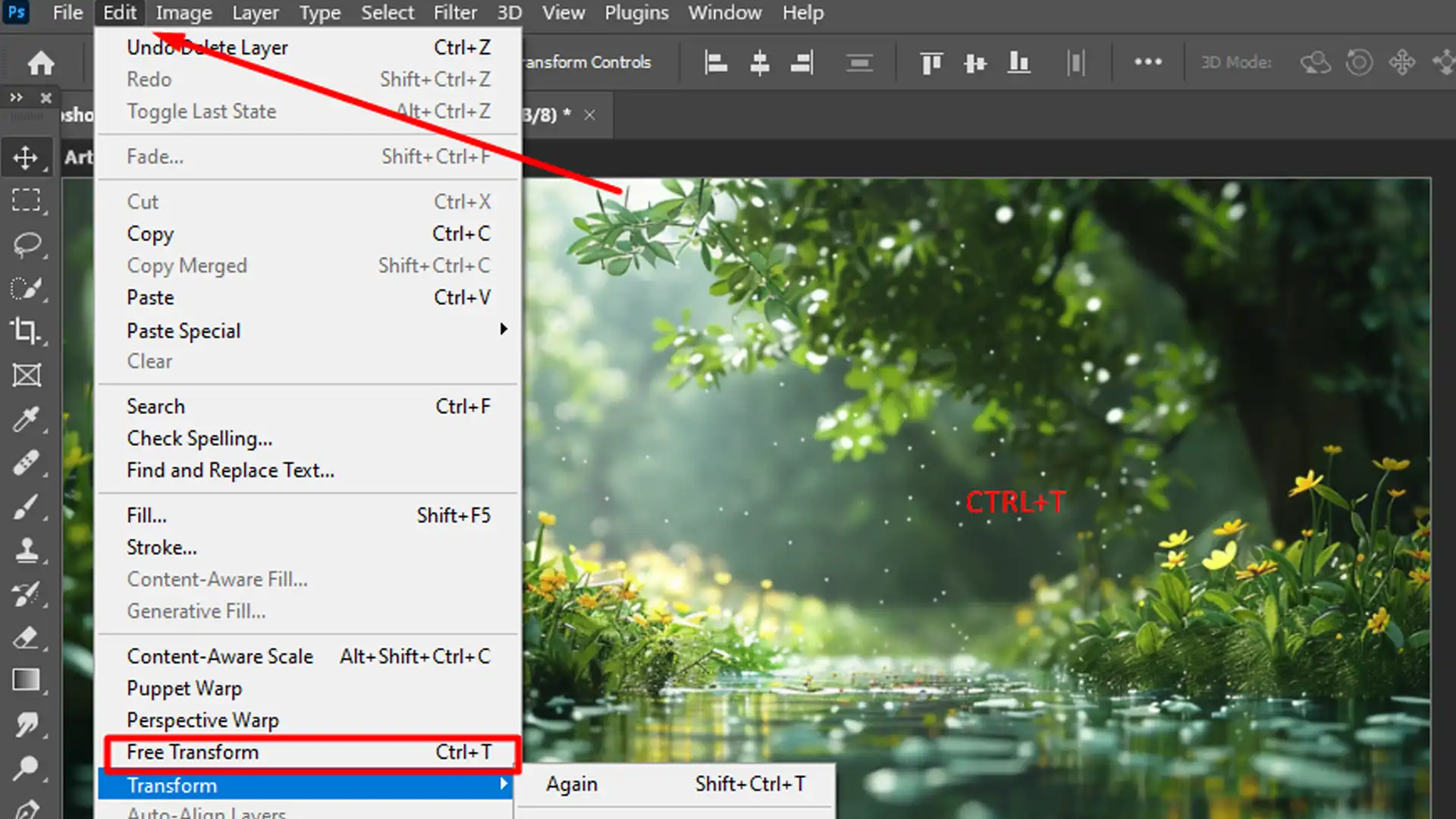 A screenshot of Photoshop's menu highlighting the 'Free Transform' option under the 'Edit' menu, with a background image of a serene nature scene.