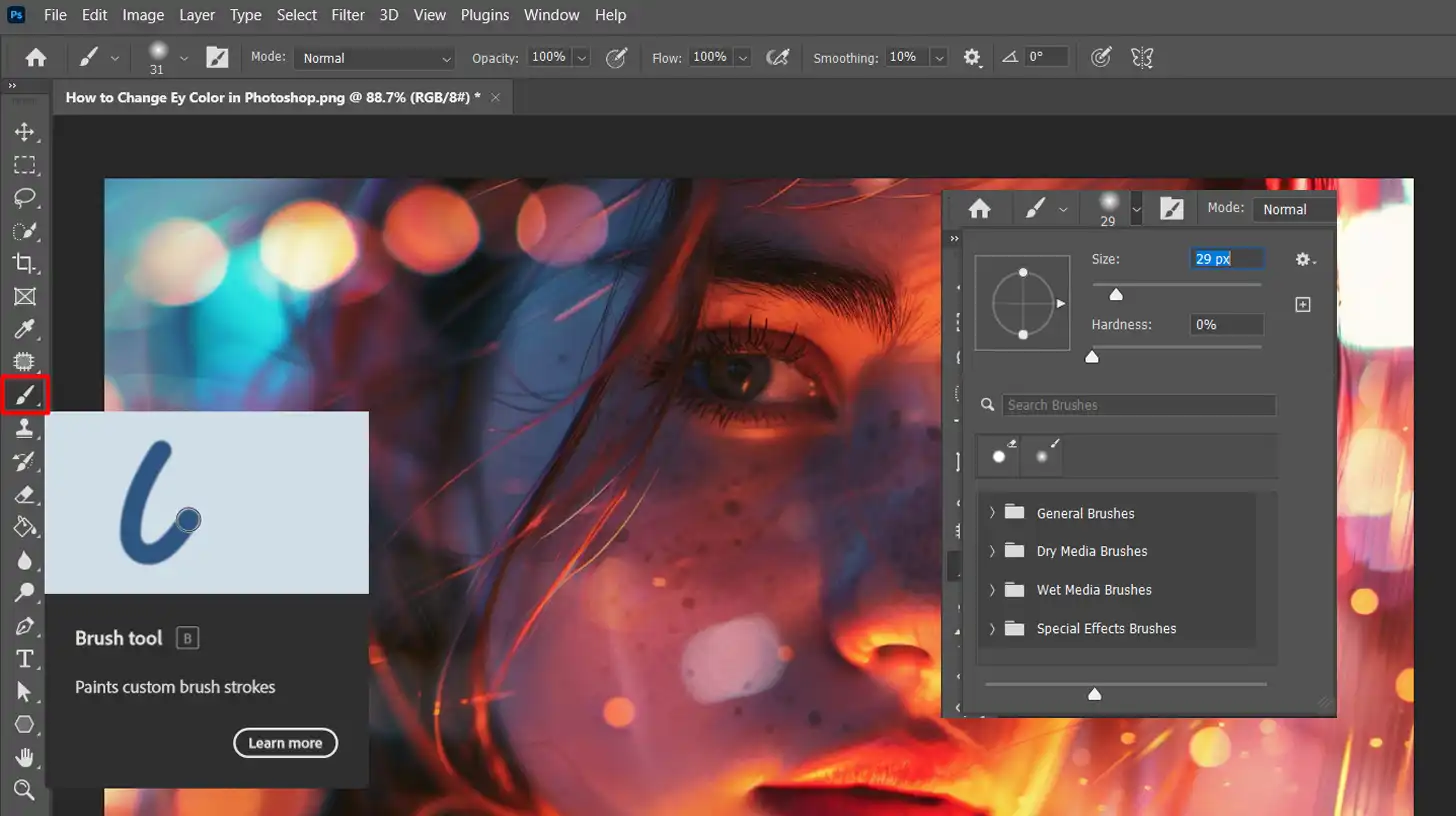 A Photoshop interface displaying the Brush Tool being used to refine eye color changes