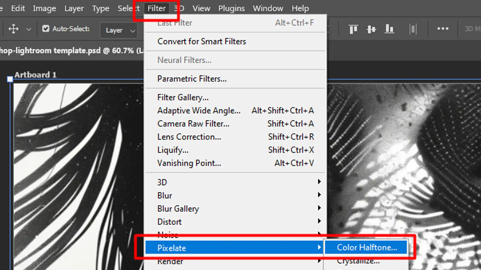 editing software interface with a focus on the ‘Filter’ dropdown menu, highlighting the ‘Pixelate’ submenu with ‘Color Halftone…’ option selected.