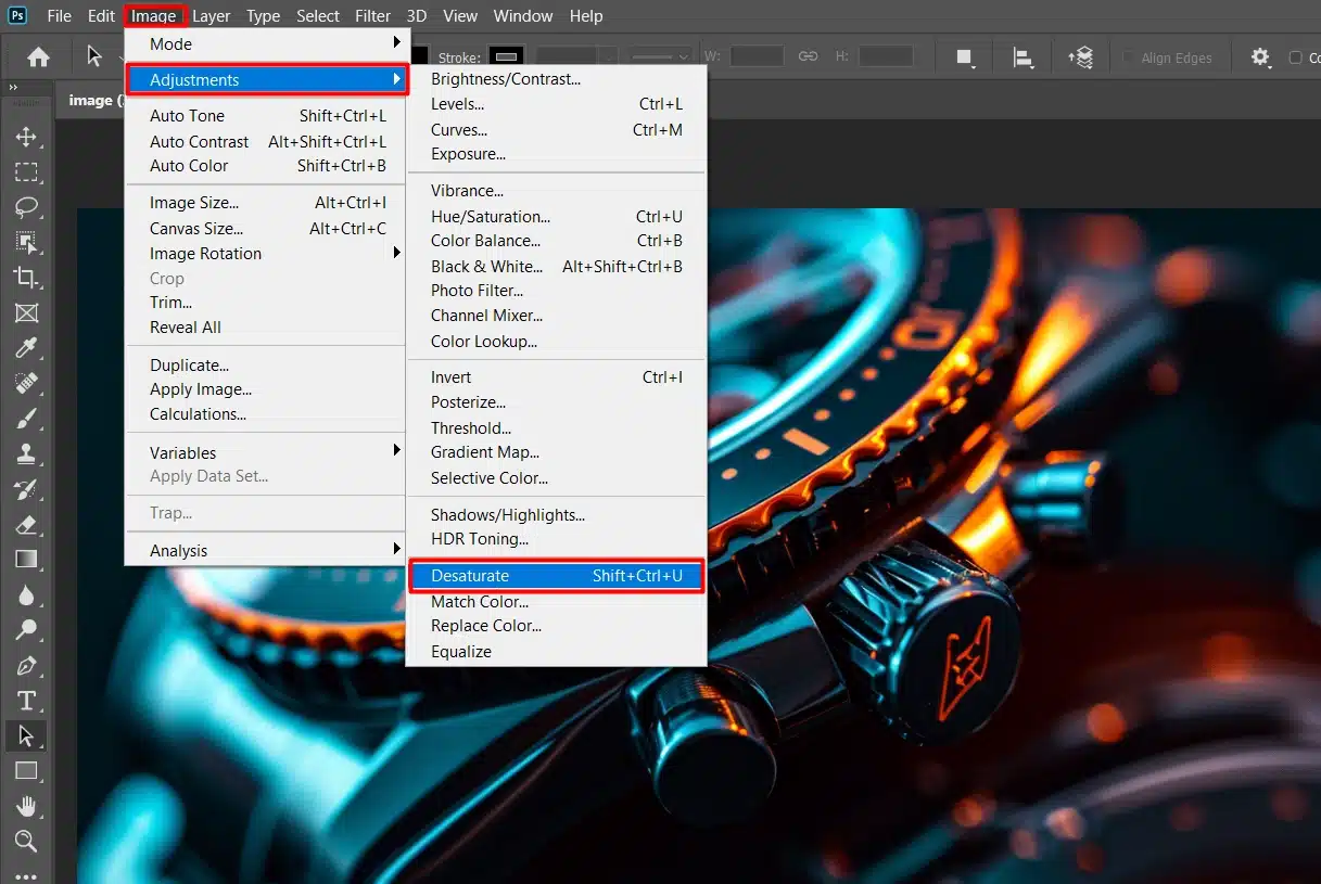 Photoshop menu highlighting the Desaturate command under Image adjustments