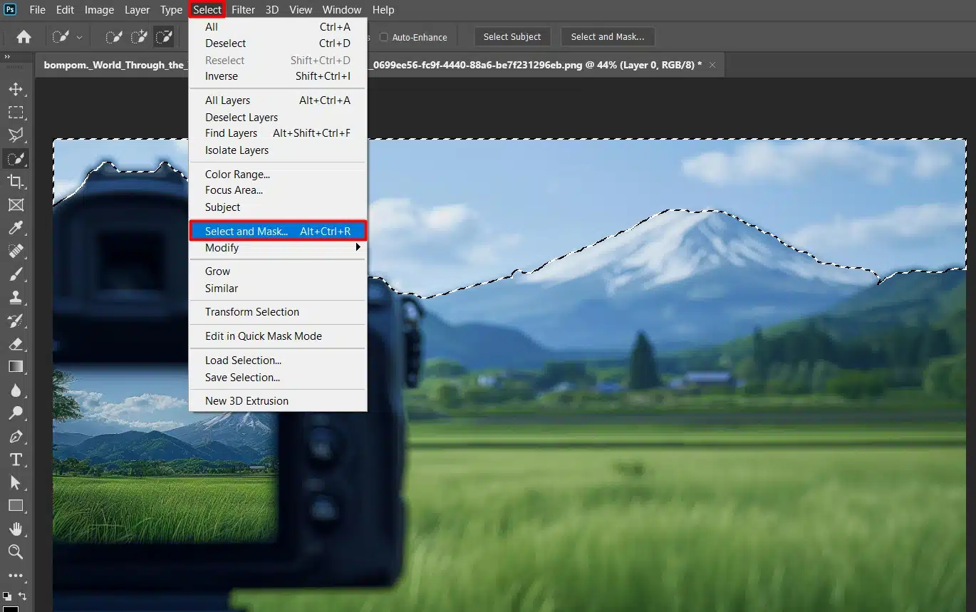 'Select and Mask' option highlighted in the 'Select' drop-down menu, showing an image of a mountain