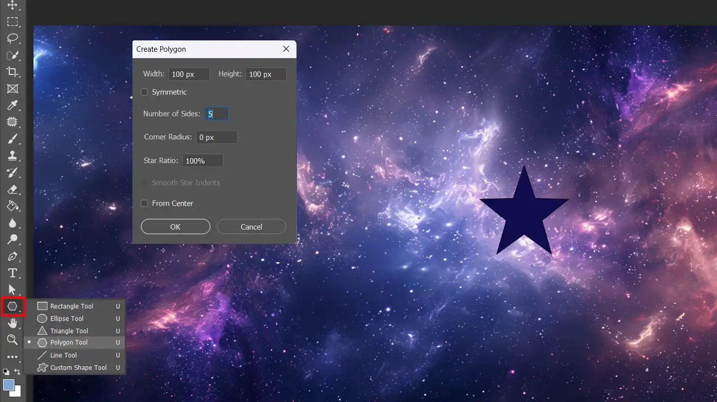 Photoshop interface with the Polygon Tool selected, showing the 'Create Polygon' dialog box and a star shape against a cosmic background