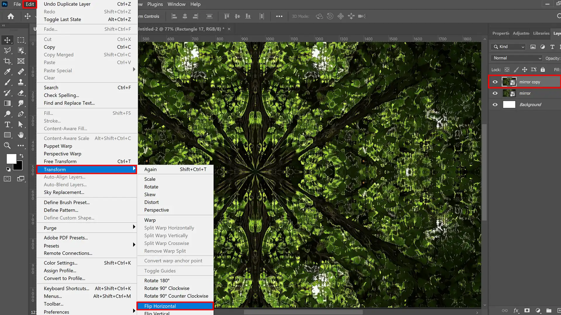 Screenshot of Adobe Photoshop showing the process of mirroring an image horizontally using the Transform tool from the Edit menu.