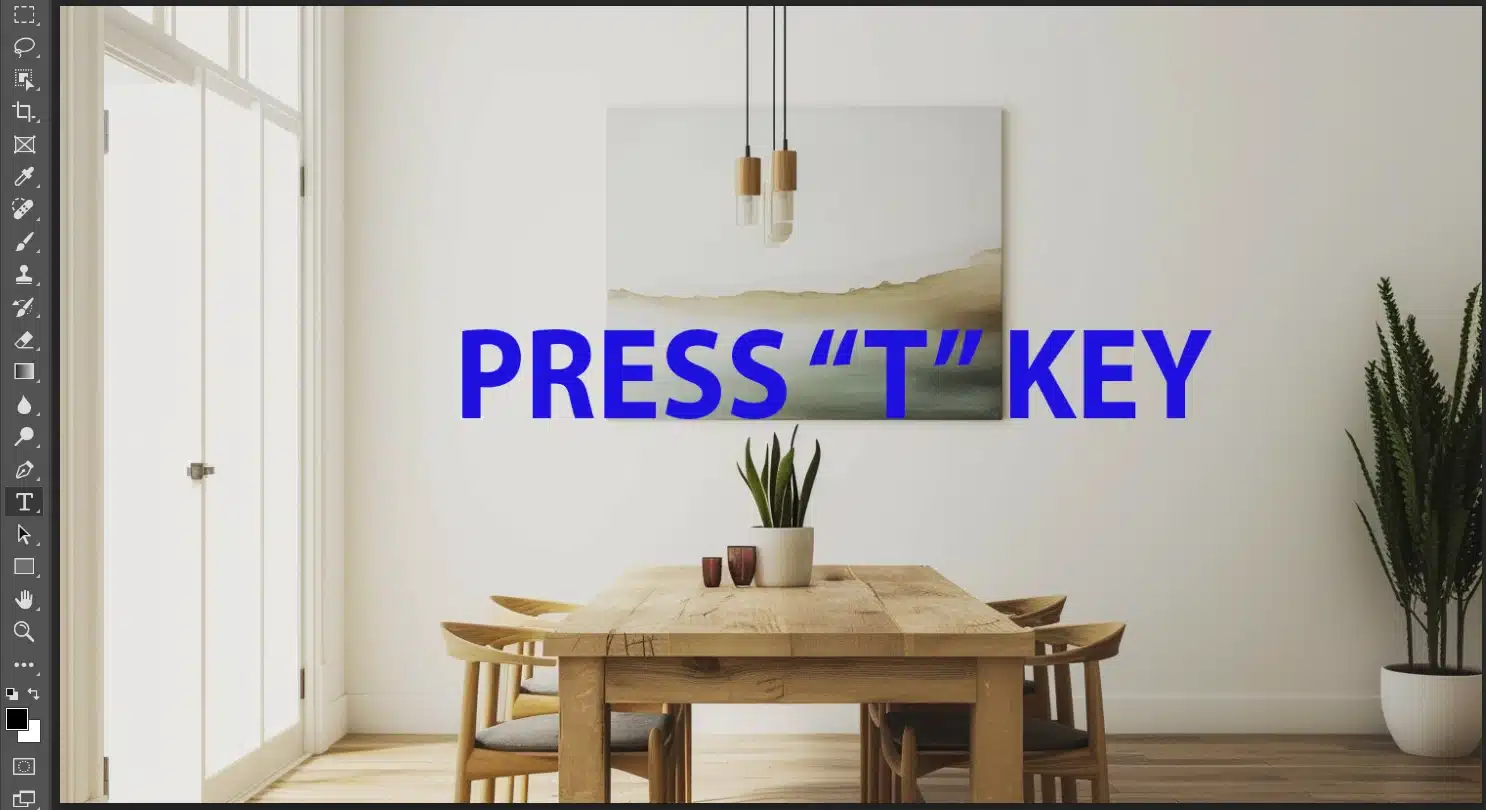 Screenshot of Photoshop interface with the instruction to press the "T" key.