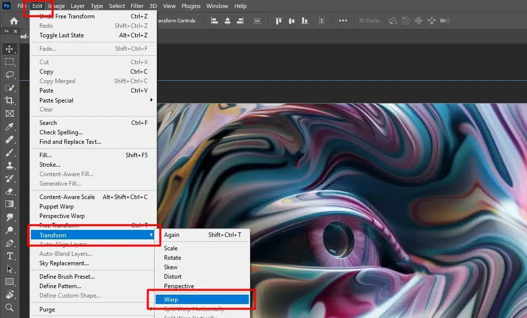 Photoshop interface with the Warp tool highlighted in the Edit menu.