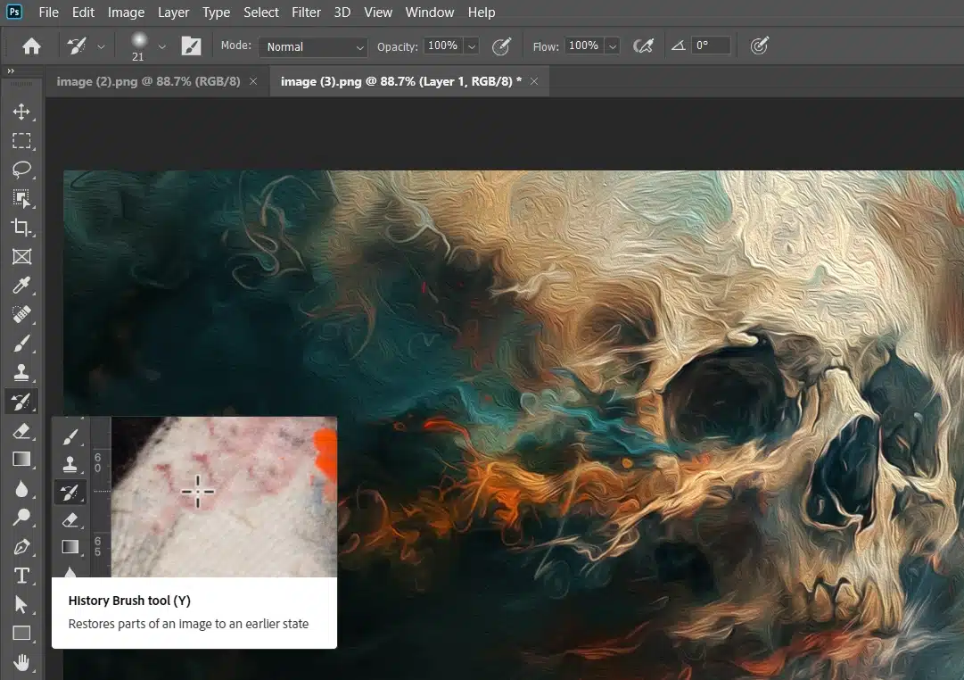 Photoshop interface with the History Brush tool selected, for creating painting lookalike,showing a digital artwork of a skull with visible brush strokes