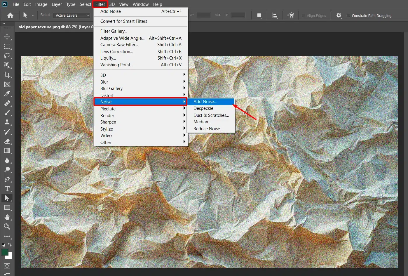 Photoshop filter menu with 'Add Noise' highlighted, showing a vintage paper texture