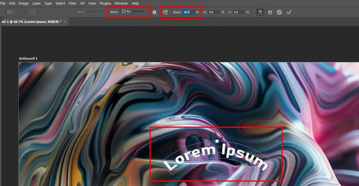 Adobe interface showing text being warped with arc style.