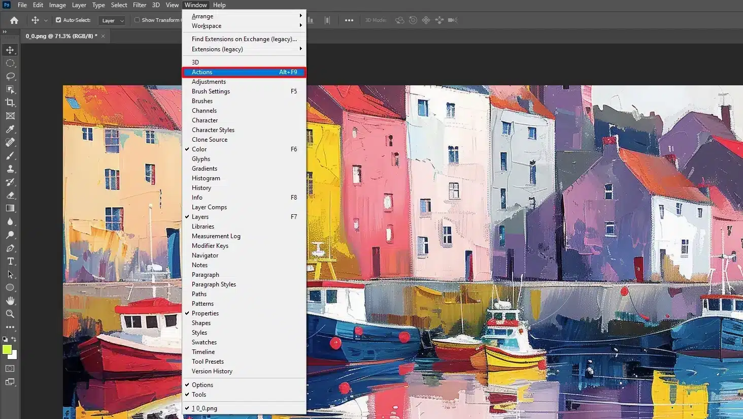 Screenshot of Adobe with the Actions menu highlighted, showing a vibrant, colorful painting of boats and houses in the background.