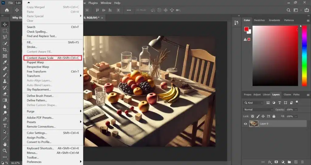 A screenshot of Photoshop showing a table with various items casting shadows, demonstrating the importance of fixing shadows and a Photoshop shadow removal tutorial.