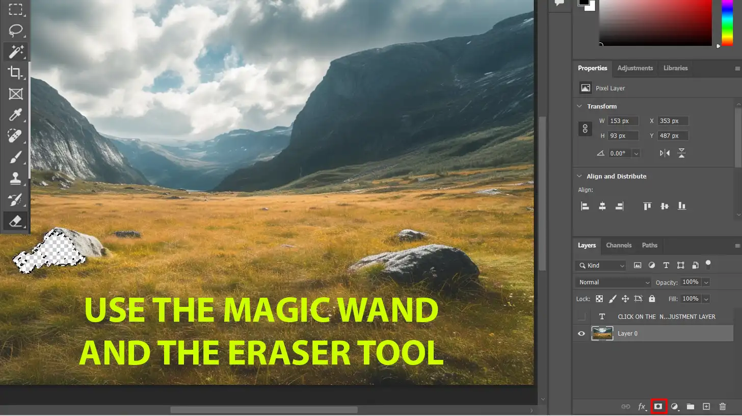 Photoshop interface showing the Magic Wand and Eraser tools in use on an image of a field