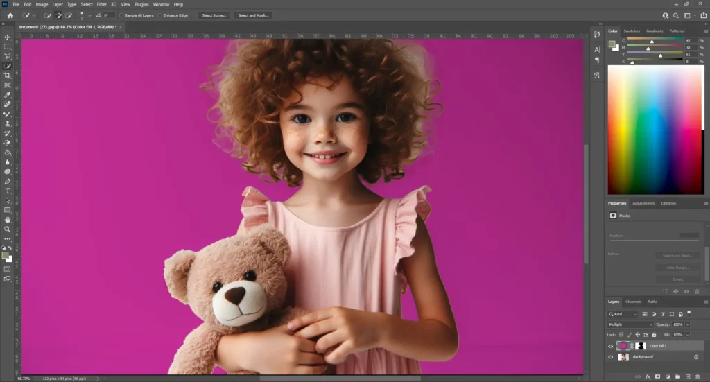 Young girl holding a teddy bear with a pink background in Photoshop, demonstrating the use of layer masks and color fill.